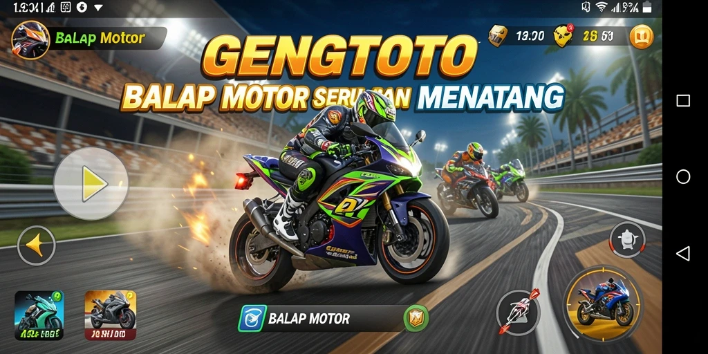 Tampilan antarmuka GENGTOTO dengan grafis balap motor yang menakjubkan.