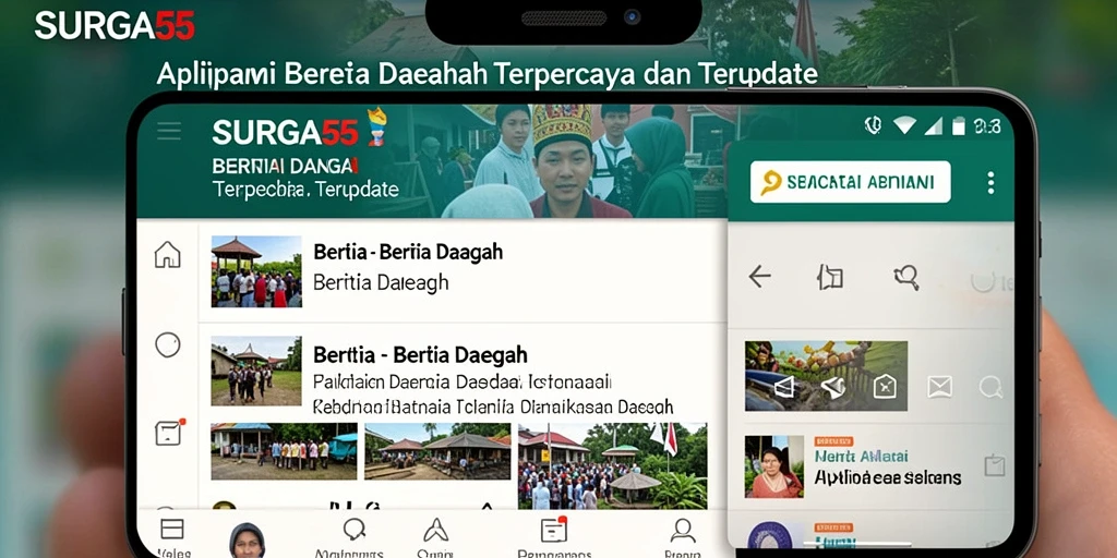 Antarmuka aplikasi SURGA55 menampilkan berita daerah terkini.