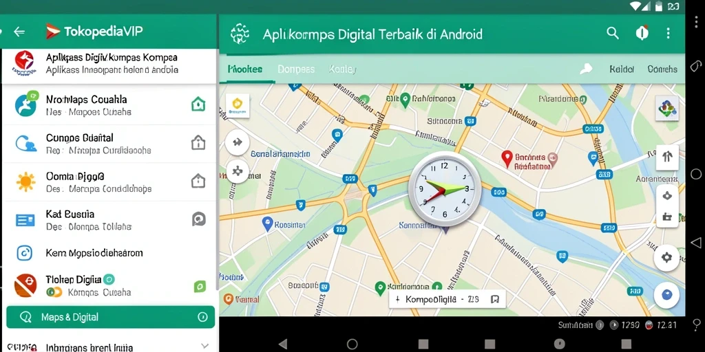 Antarmuka aplikasi TOKOPEDIAVIP yang menampilkan kompas digital dan peta.