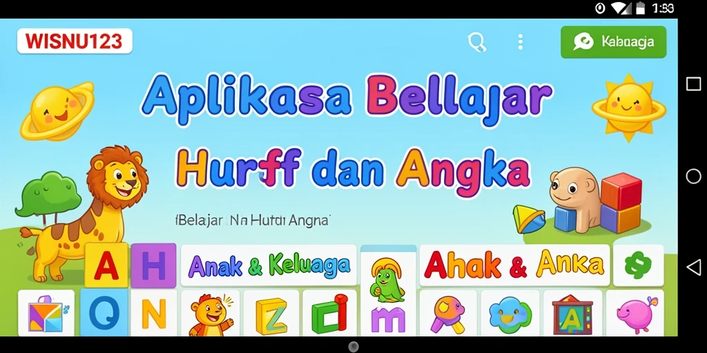 Tampilan interaktif WISNU123 untuk belajar huruf dan angka.
